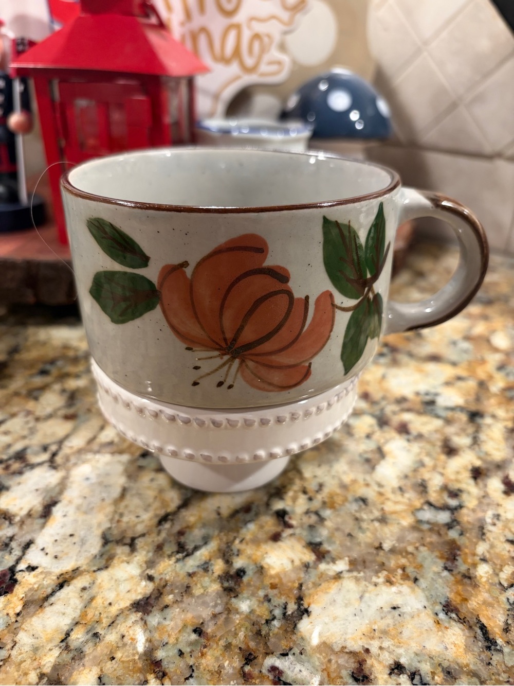 Vintage Japane Otagiri Speckled Stoneware Mug with Hand Painted Orange Flowers.